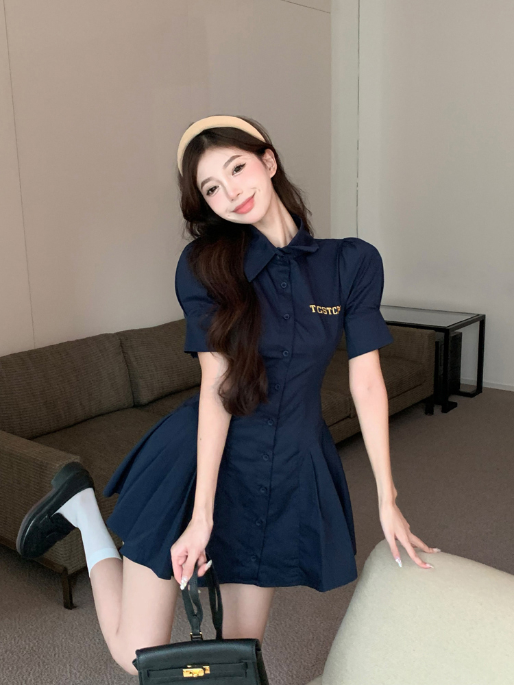 Best-selling preppy lapel dress slimming summer short-sleeved waist pleated high-end elegant buttoned A-line skirt