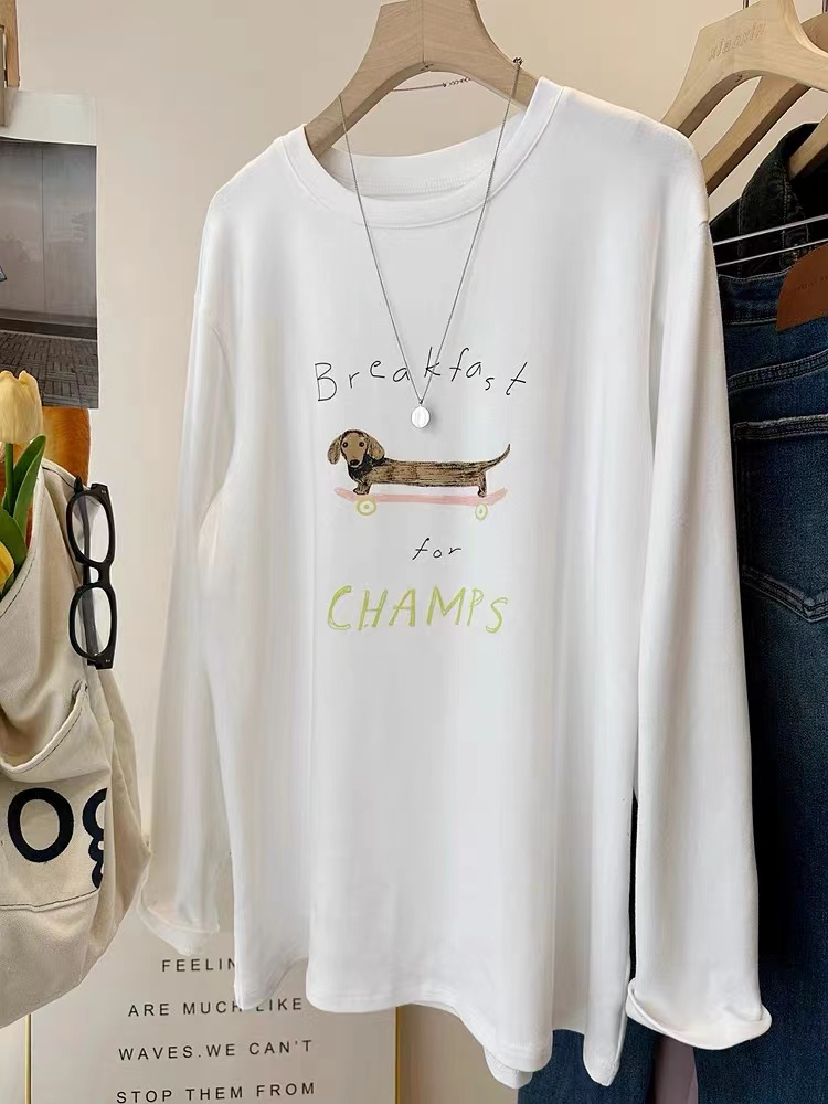 Silk cotton double-sided velvet skateboard dog print brushed long-sleeved T-shirt for women