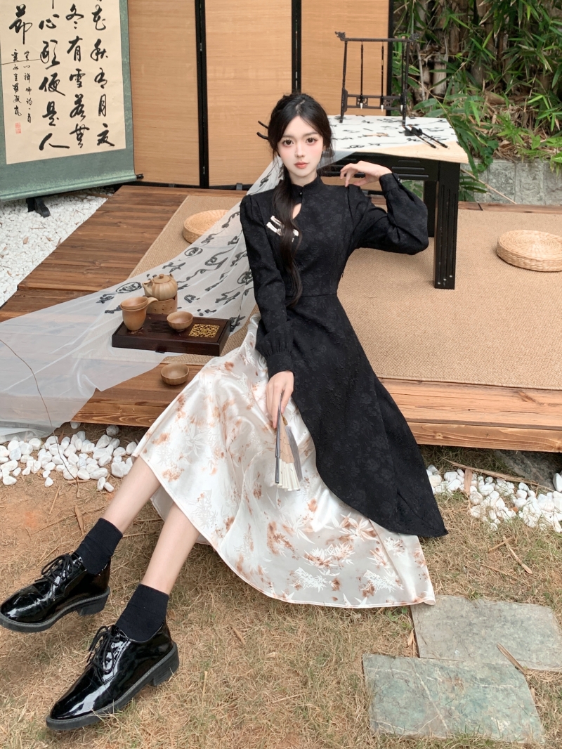 新中式假兩件撞色長袖旗袍連衣裙春秋大碼氣質氛圍感設計長裙子