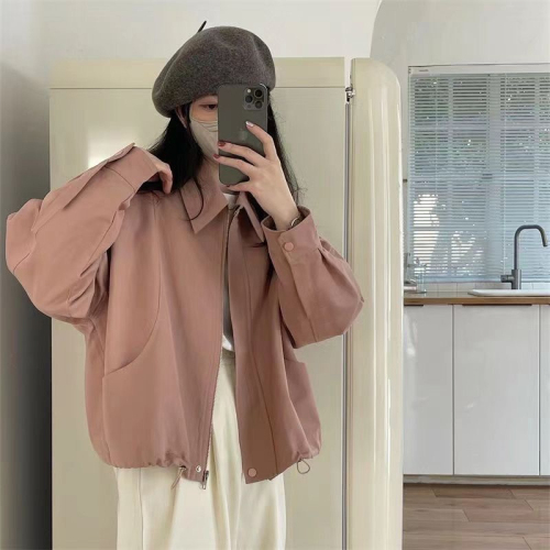 2024 New Year Dongdaemun New Korean Style Simple Drawstring Retro Lapel Loose Thin Jacket Solid Color Jacket for Women