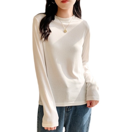 Right shoulder stand collar bottoming shirt for women, white long-sleeved T-shirt with autumn and winter velvet slim fit top