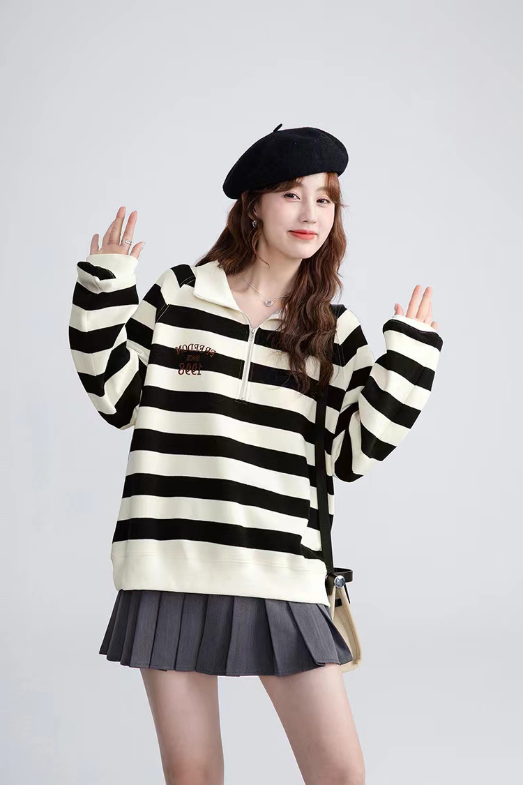 Official Picture Pique Stripe Composite 380g 2024 Long Sleeve Zipper Top Lapel Large Size Women's Clothing 200 Jin