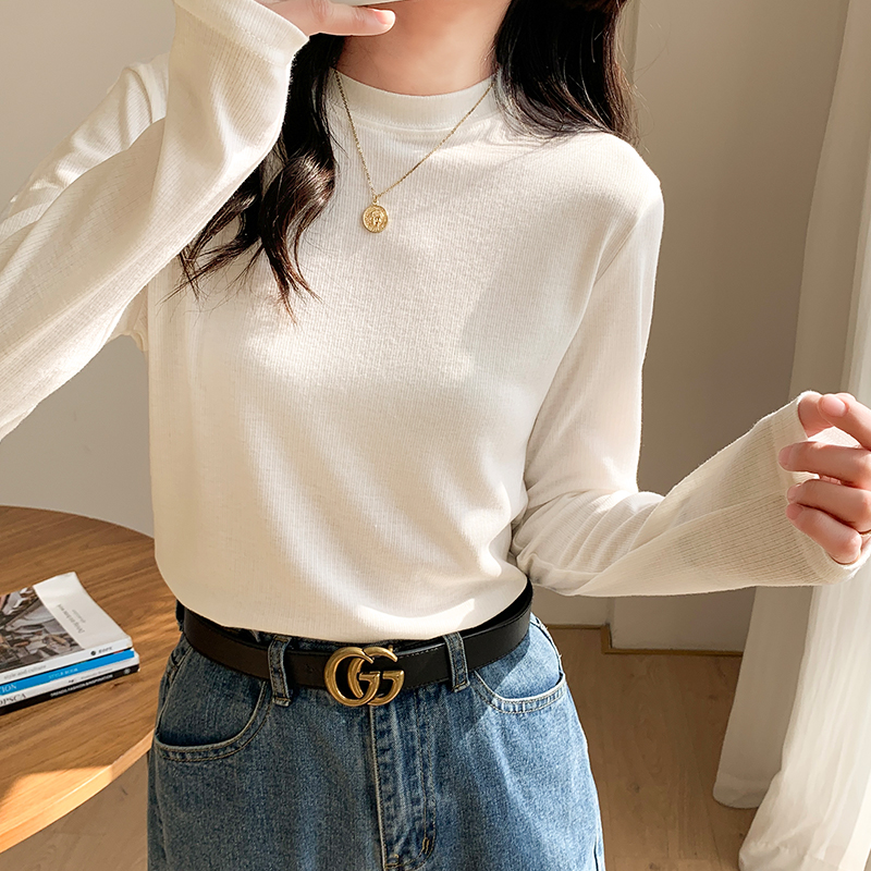Right shoulder stand collar bottoming shirt for women, white long-sleeved T-shirt with autumn and winter velvet slim fit top