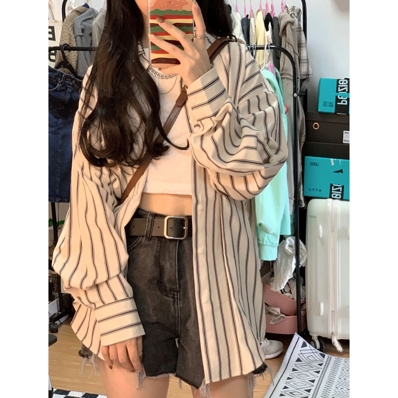 Striped shirt women's new summer design niche thin sun protection shirt cardigan long-sleeved jacket top