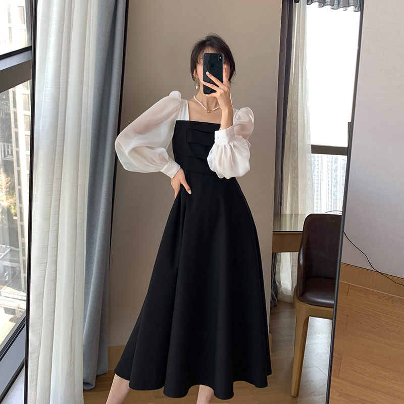長袖黑色歐根紗炸街連衣裙女新款春秋拼接方領法式裙子復古網紗裙