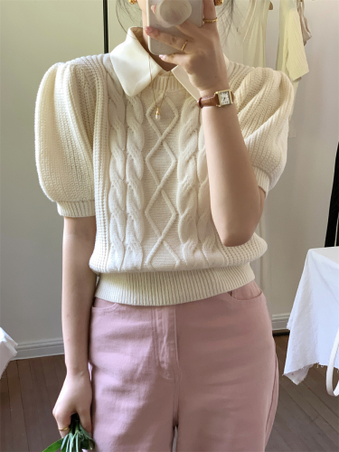 Real shot!  Temperament French retro fake two-piece patchwork twist sweater short-sleeved top