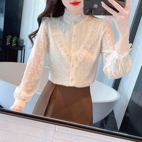 Lace bottoming shirt for women 2024 new spring wear fungus collar chiffon top long-sleeved fashionable and chic shirt