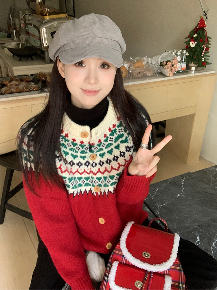 Actual shot of early spring Korean chic New Year style single-breasted sweater suit