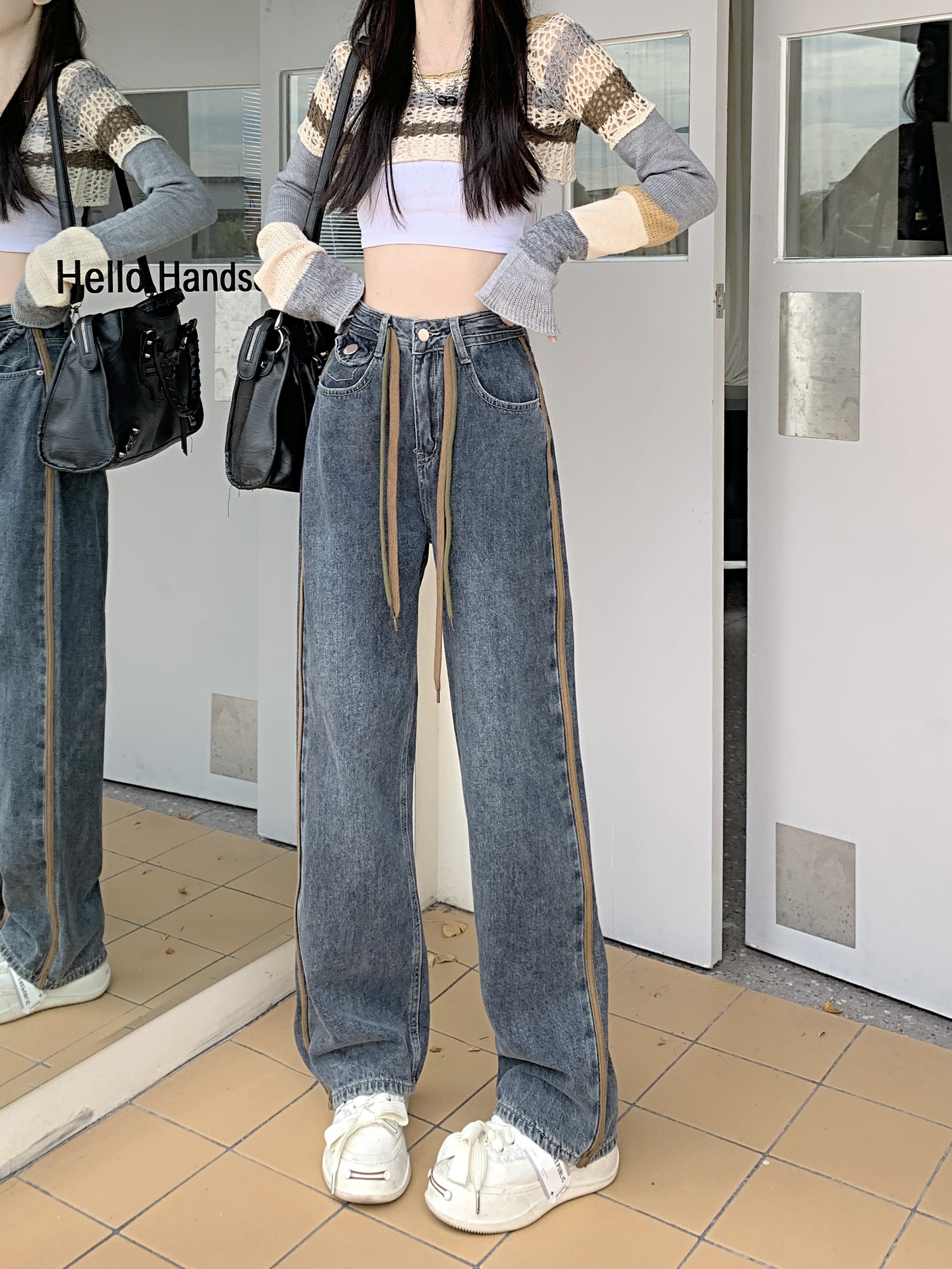 Actual shot of 2024 spring and autumn new style drawstring design jeans for women, high waist slimming straight wide leg floor-length trousers trendy