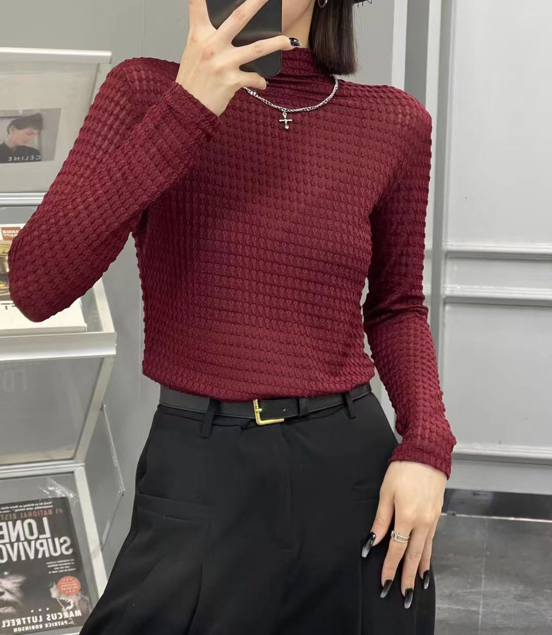 High-neck lace bottoming shirt for women long-sleeved 2024 spring and autumn new Korean version slimming fashionable mesh top