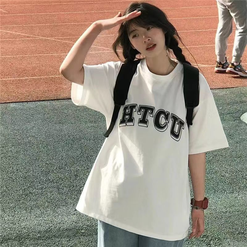 原版220克大碼純棉字母印花休閒寬鬆潮流短袖T恤女2024夏新款