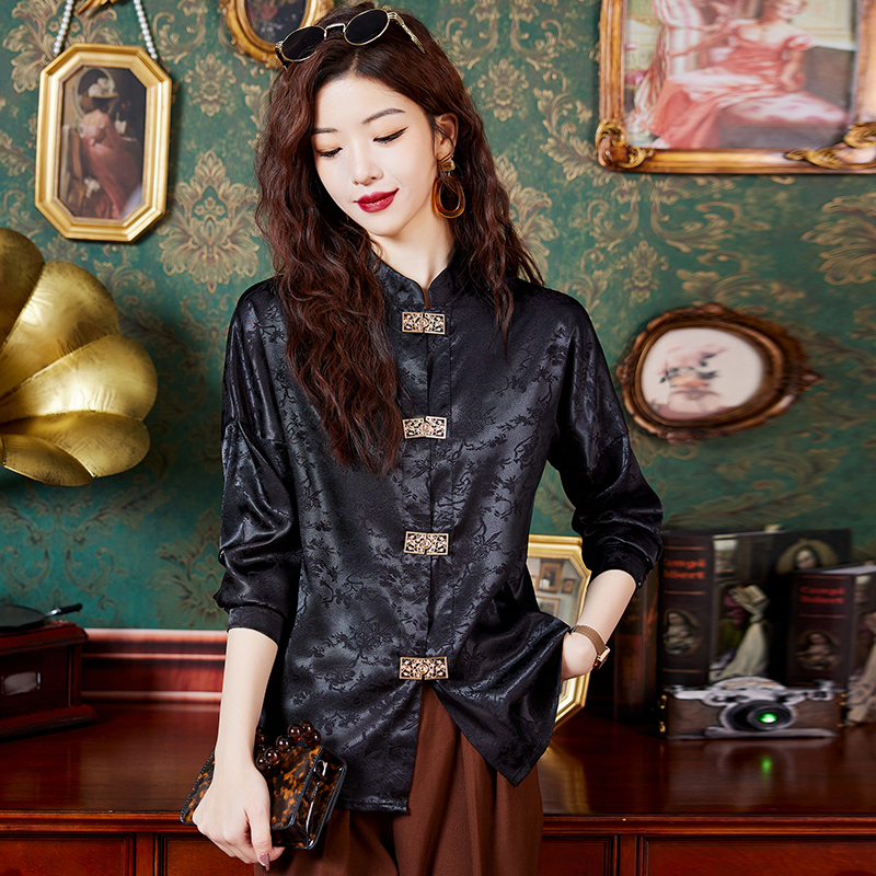 New Chinese Hanfu Slim Fit Western Style Shirt 2024 Spring New Women's Jacquard Stand Collar Button Long Sleeve National Style Shirt