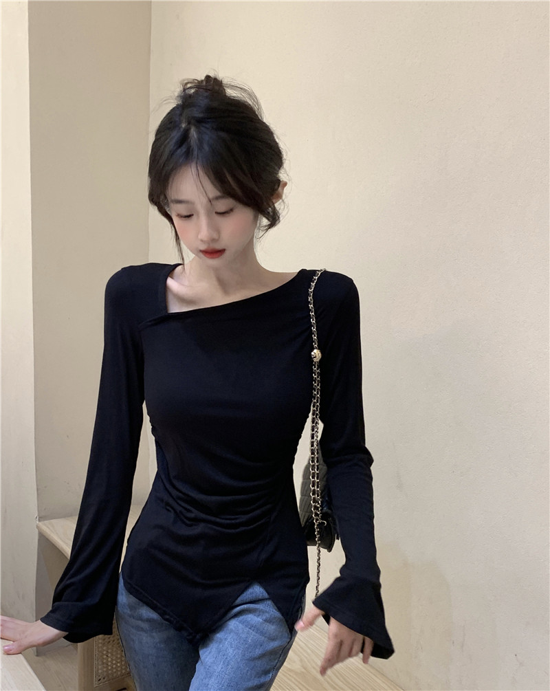 Actual shot~Spring style~Slant collar casual and versatile irregular design slimming long-sleeved T-shirt