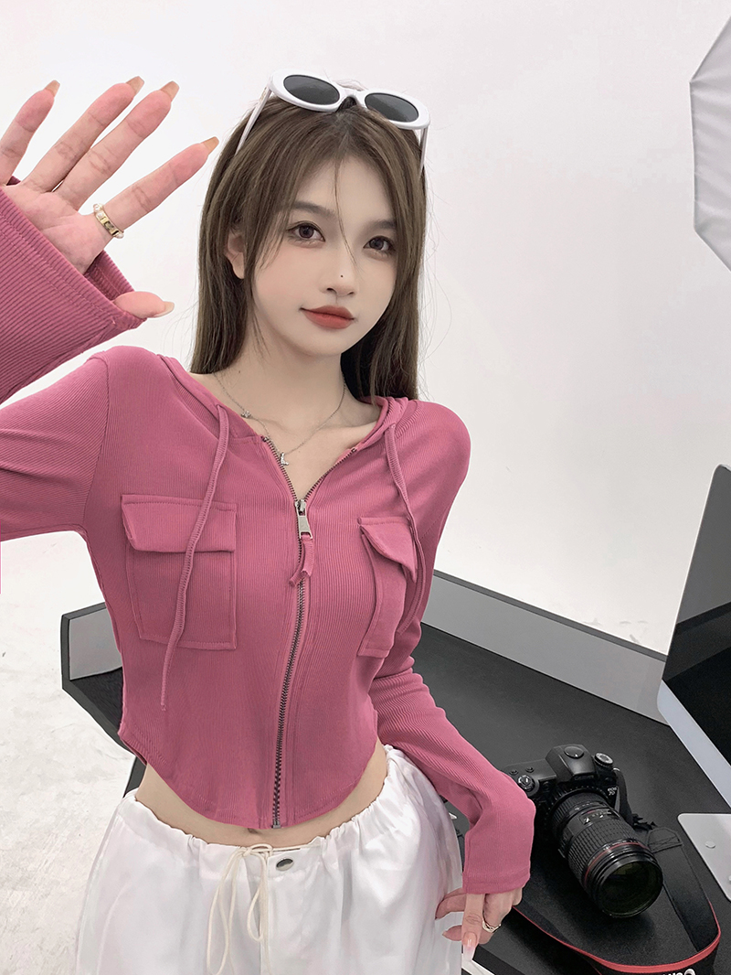 Real shot of short hooded jacket T-shirt zipper cardigan top for women trendy