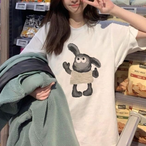 Official picture of pure cotton white lamb three-dimensional printed pattern right shoulder round neck T-shirt for women mid-length loose top