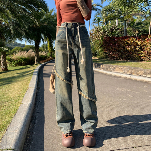 Real shot of retro wide-leg jeans for women 2024 spring new loose high-waisted wide-leg straight-leg raw edge trousers
