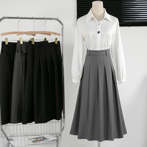 Real shot of extended version of suit pleated skirt for women A-line skirt high waist slimming JK uniform mid-length zipper skirt for women