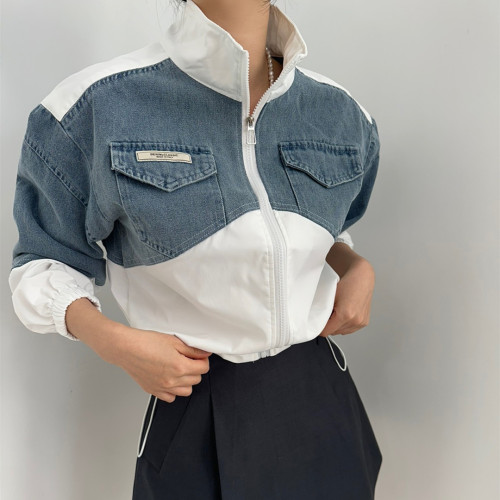 2024 early spring Korean chic retro stitching contrasting color loose long-sleeved denim jacket windbreaker jacket 7078