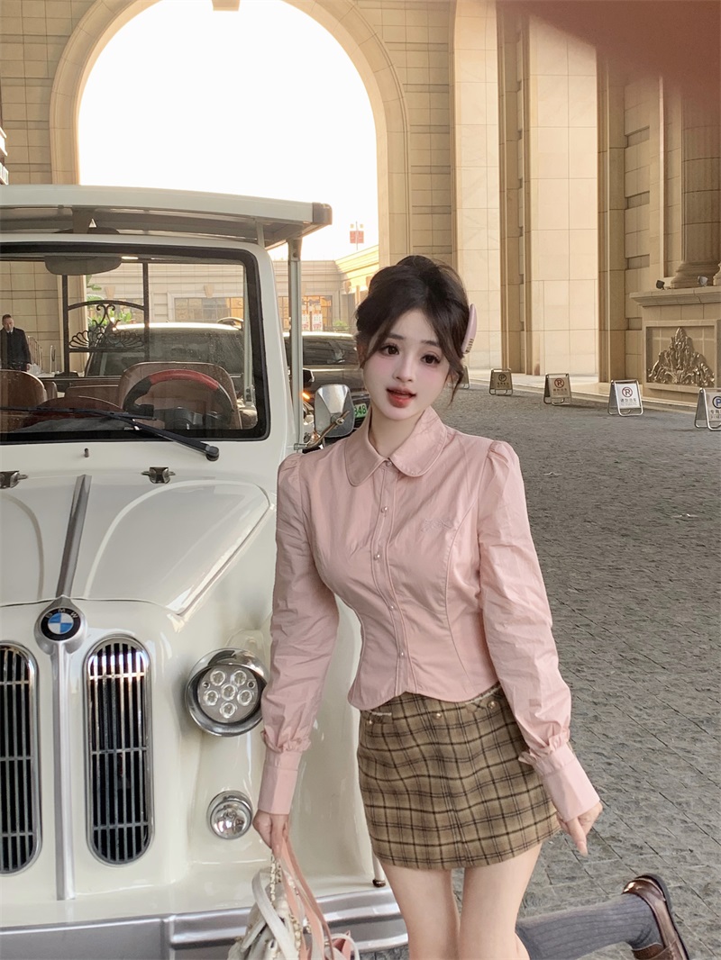 Real shot of First Love Concerto semi-permanent shirt slim fit tailored lapel top slim shirt for women