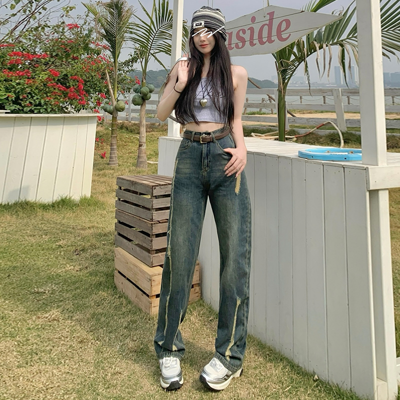 實拍~錯位時空+YKK2024春秋復古破洞寬鬆毛邊拖地闊腿牛仔褲