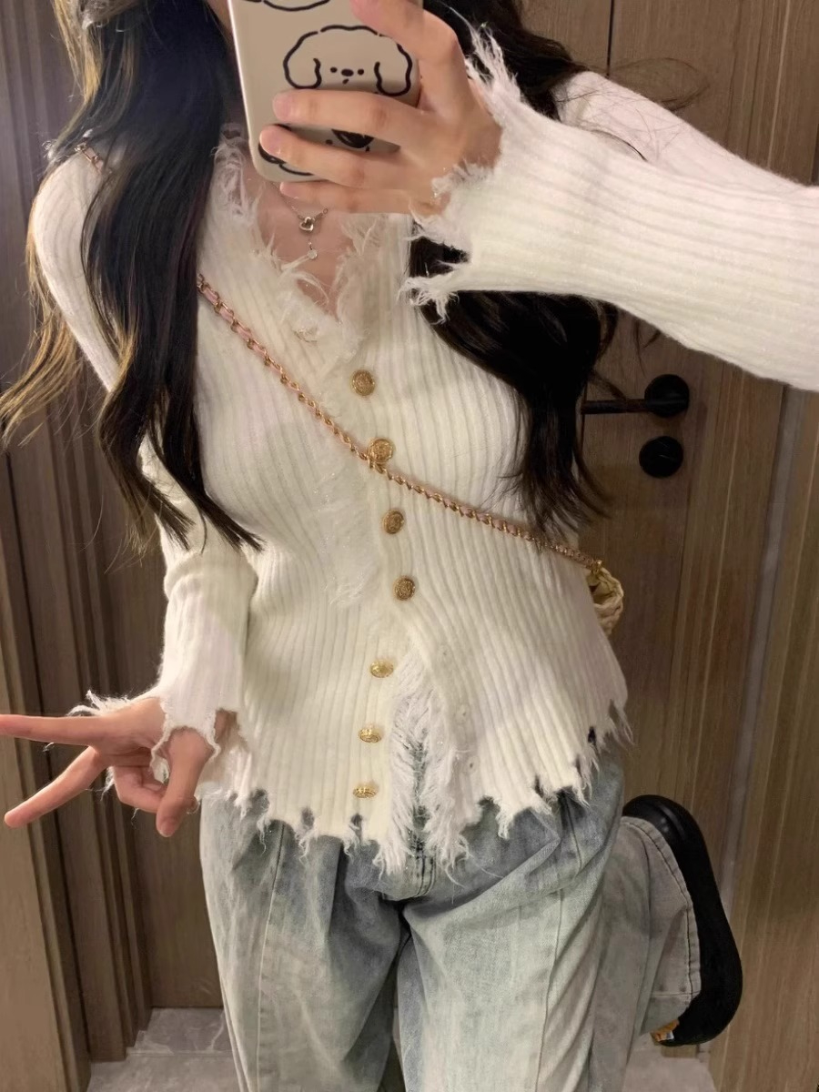 Sheep wool French irregular raw edge v-neck slim waist waist lazy high-end knitted cardigan