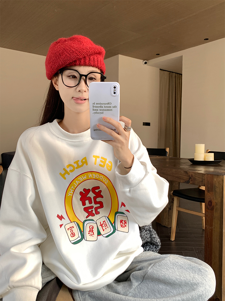 Actual shot of New Year's sweatshirt ~ early spring New Year's celebration and fortune printed multi-color thickened sweatshirt