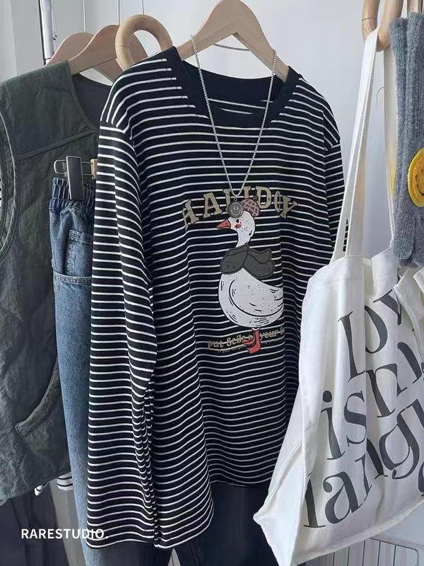 Silk cotton double-sided velvet double-sided velvet thickened Korean style fun duck stripe long-sleeved T-shirt base