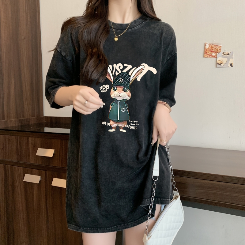 實拍 2024年春夏新款100%棉220g純棉水洗做舊 寬鬆短袖T恤女寬鬆