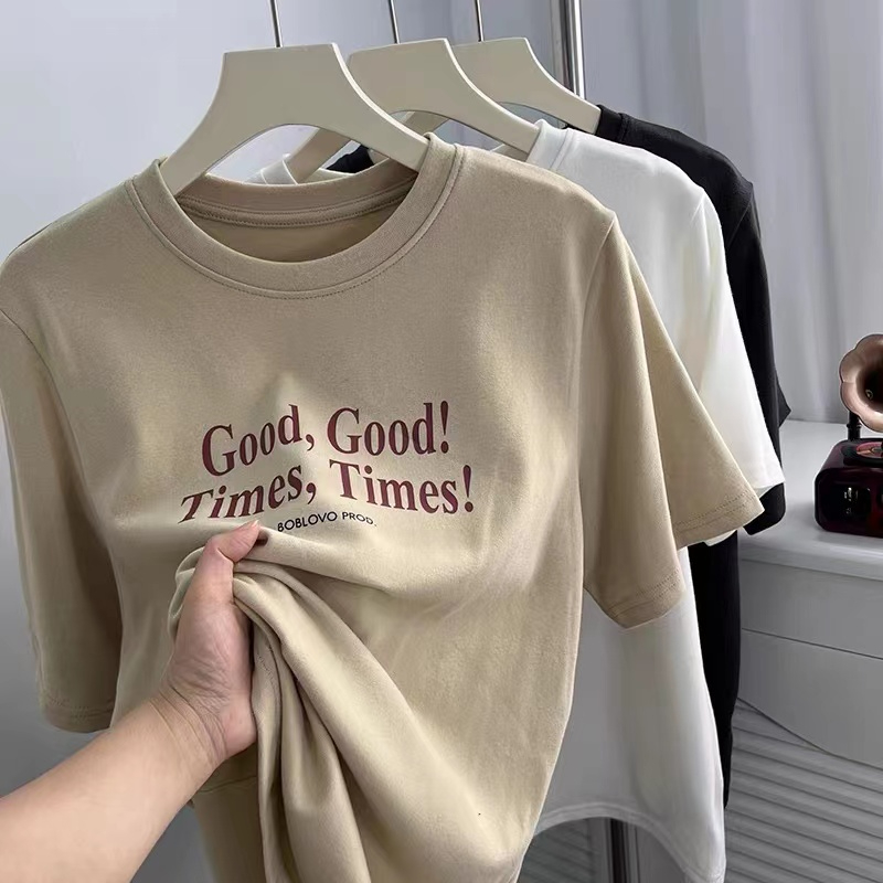 Silk cotton double-sided velvet Korean style letter printed right shoulder short sleeve t-shirt for women autumn round neck bottoming shirt trendy
