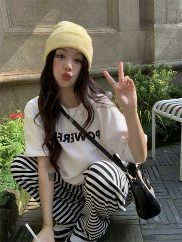 Official picture Hong Kong style chic simple letter printing summer casual loose round neck pullover versatile T-shirt women's tops