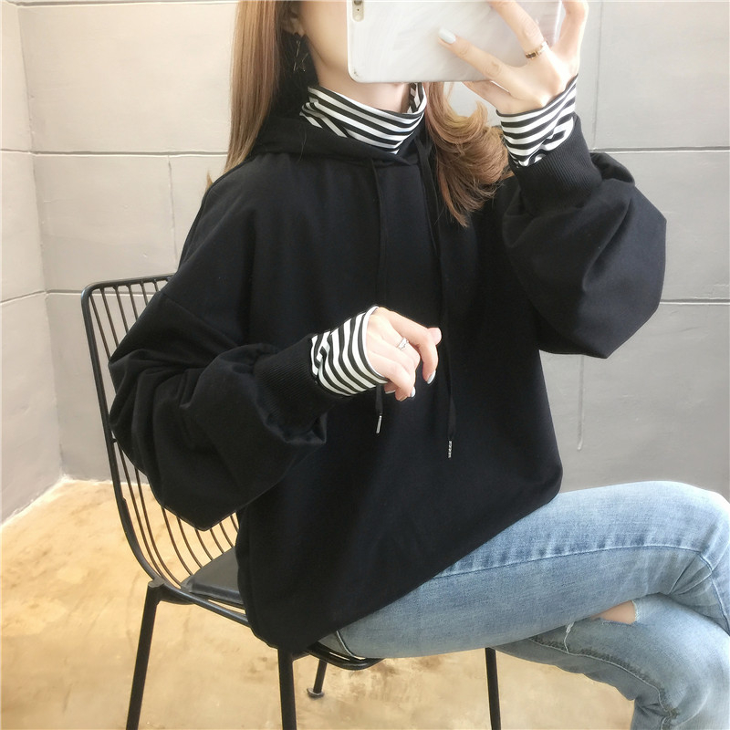 首發春季實拍6535魚鱗 高領條紋假兩件衛衣女薄款破洞拼接