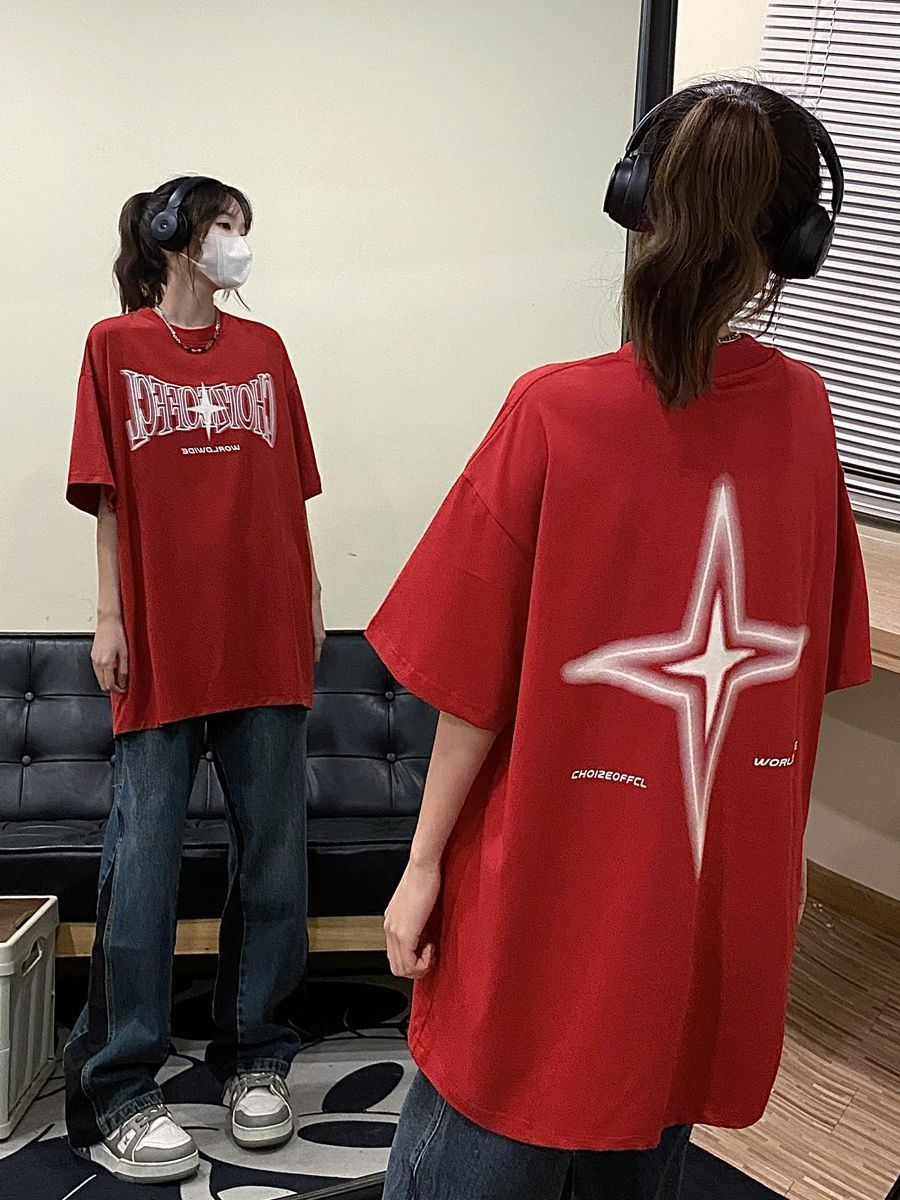 原版220克大碼純棉印花慵懶寬鬆潮流時尚短袖T恤女2024夏新款