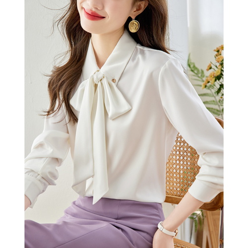 Real shot monthly sales 800+ bow chiffon shirt women's long sleeve 2024 spring and autumn new temperament ribbon shirt