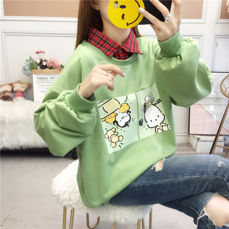 首發2024春季實拍6535魚鱗 格子領假兩件衛衣女薄款長袖T恤女