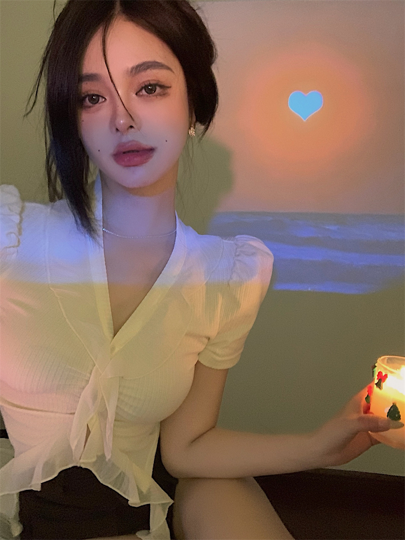 實拍 法式甜美v領短袖t恤氣質顯瘦荷葉邊修身上衣