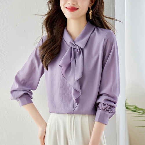 Lined real shot 2024 spring bow long-sleeved shirt women's high-end niche temperament streamer top