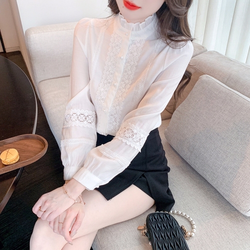 2024 early spring new white shirt for women, stylish fungus lace, high-end inner bottoming shirt, chiffon top