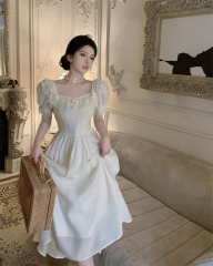 Real shot of summer short sleeved French court style flower dress, long dress, sweet fairy dress