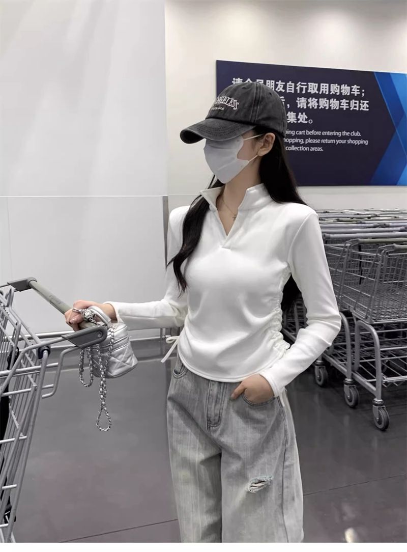 美式復古polo領抽繩T恤女2024秋冬新款內搭加絨顯瘦短款打底上衣