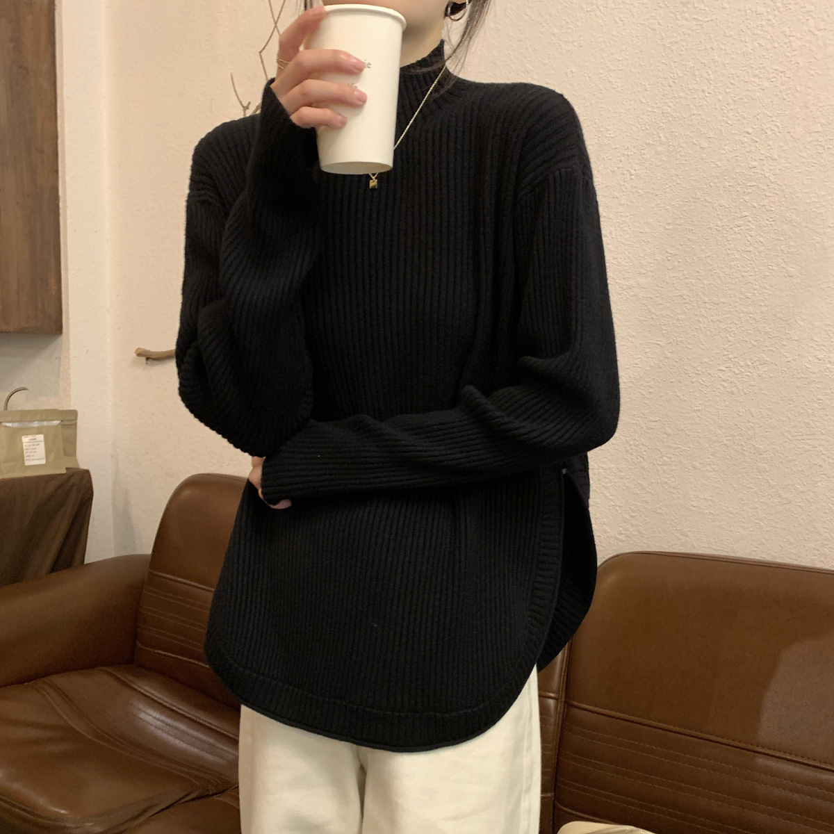 Quality Inspection Official Picture Half Turtle Collar Slit Sweater Women's 2024 Spring and Autumn New Versatile Loose Design Long Sleeve Top