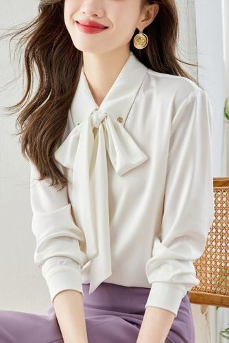 Real shot monthly sales 800+ bow chiffon shirt women's long sleeve 2024 spring and autumn new temperament ribbon shirt