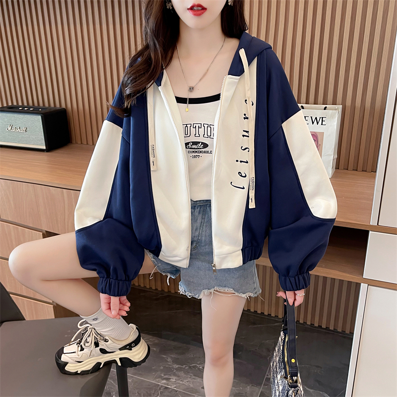 Real shot-2024 spring Chinese cotton composite Korean style loose zipper hooded thin sweatshirt for women
