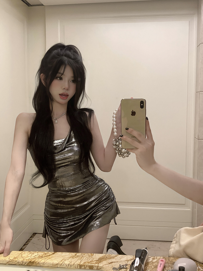 Real shot of tight hot girl style sexy swing neck halterneck shiny waist slimming dress with shorts