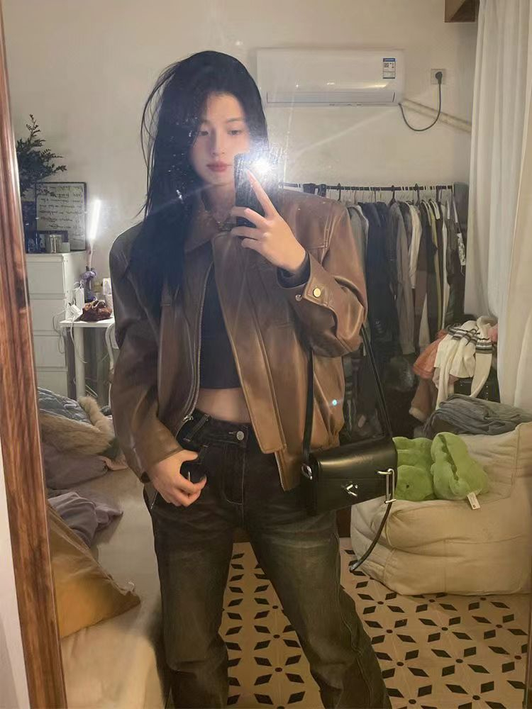 Brown leather jacket for women in spring and autumn new style American retro high-end design niche motorcycle couple jacket for men