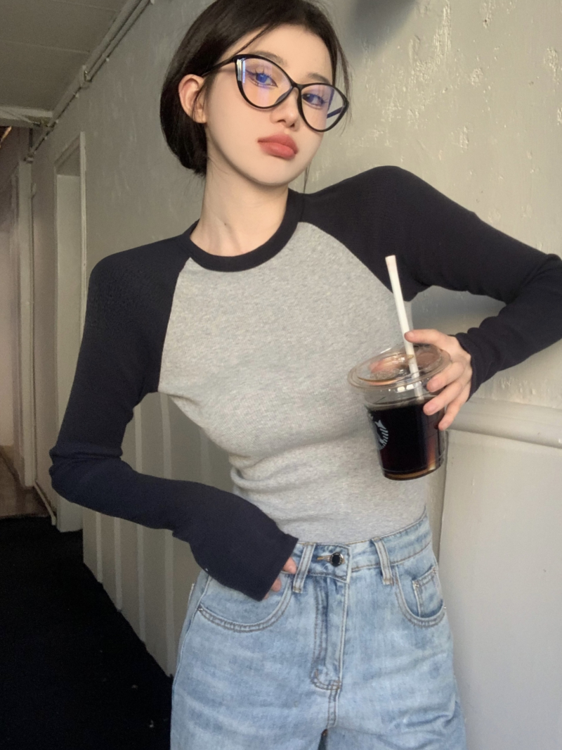 Real shot of Zhao Lusi's same bm style sweet and spicy top with design raglan long-sleeved T-shirt bottoming shirt for women