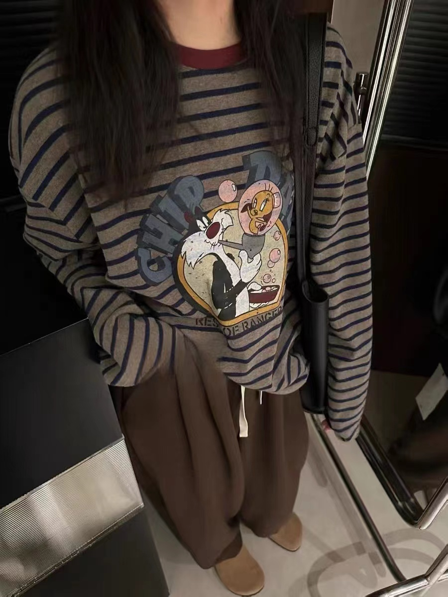 Silk cotton double-sided velvet contrasting striped bottoming shirt for women cartoon printed long-sleeved T-shirt inner top