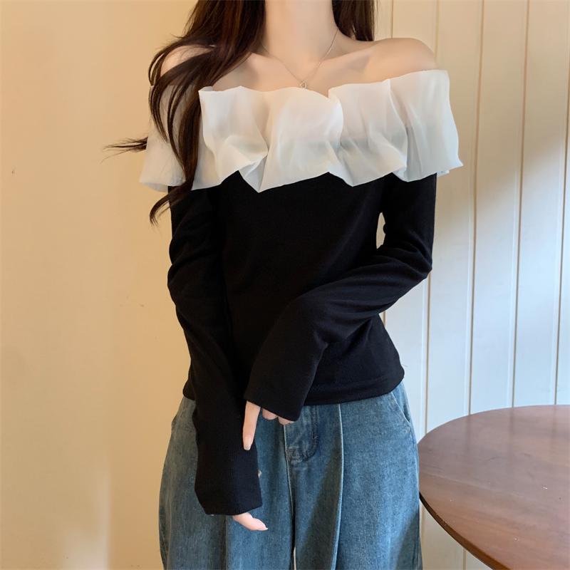Real shot French retro one-shoulder design with gentle mesh stitching and contrasting color niche inner T-shirt top