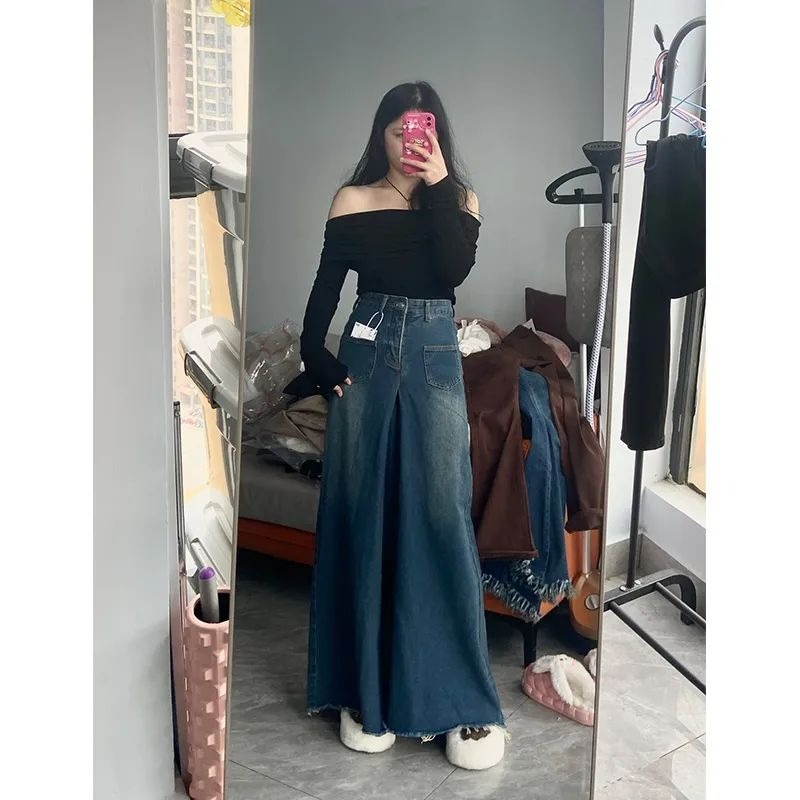 高腰垂感大褲腳闊腿牛仔褲子女設計感小眾秋季新款拖地喇叭褲裙褲