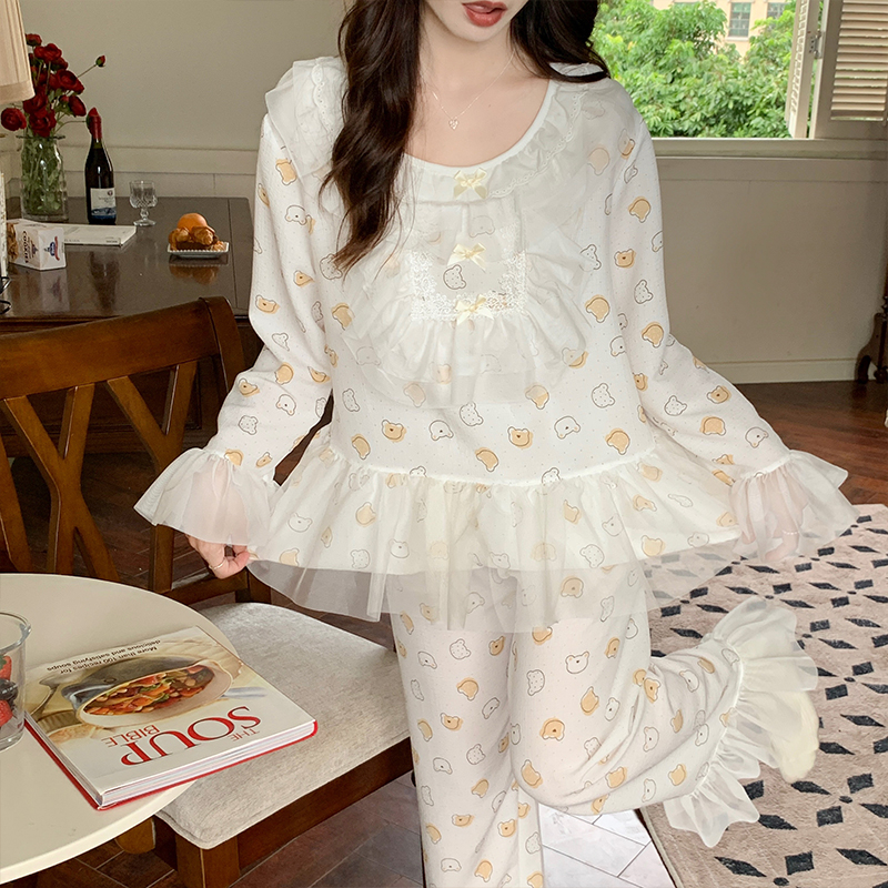 Japanese lace pajamas for women 2024 spring and autumn sweet and cute loose thin ins princess style home wear set