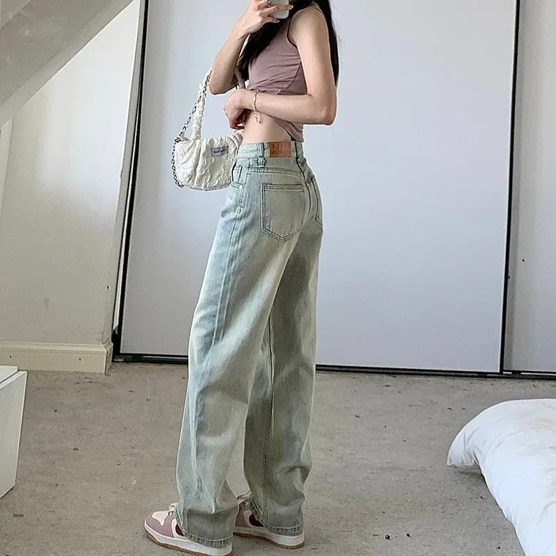 美式復古牛仔褲子女2024春秋新款寬鬆拖地高腰闊腿直筒褲